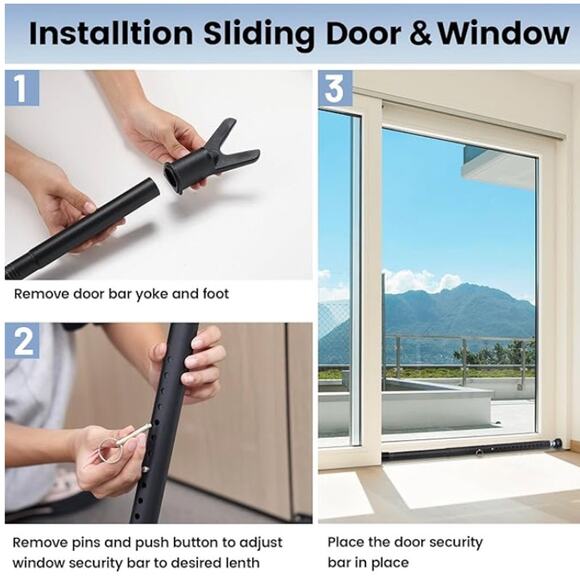 NEW- 3 Pack Sliding Door Security Bars, Window/Patio Door Security Bars -Black - Picture 4 of 5